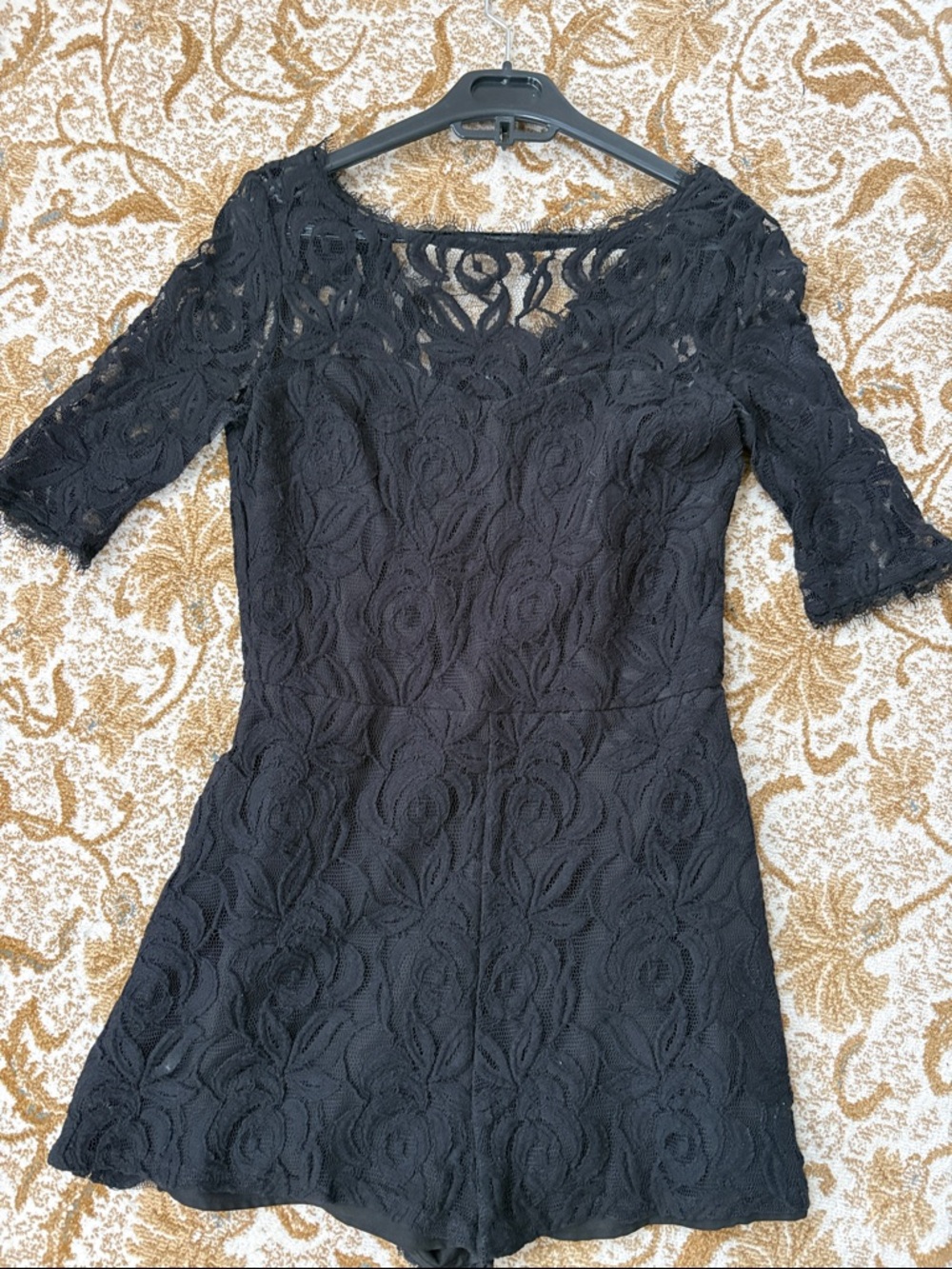 BCBGeneration Black Lace Midi Romper with Sheer Yoke